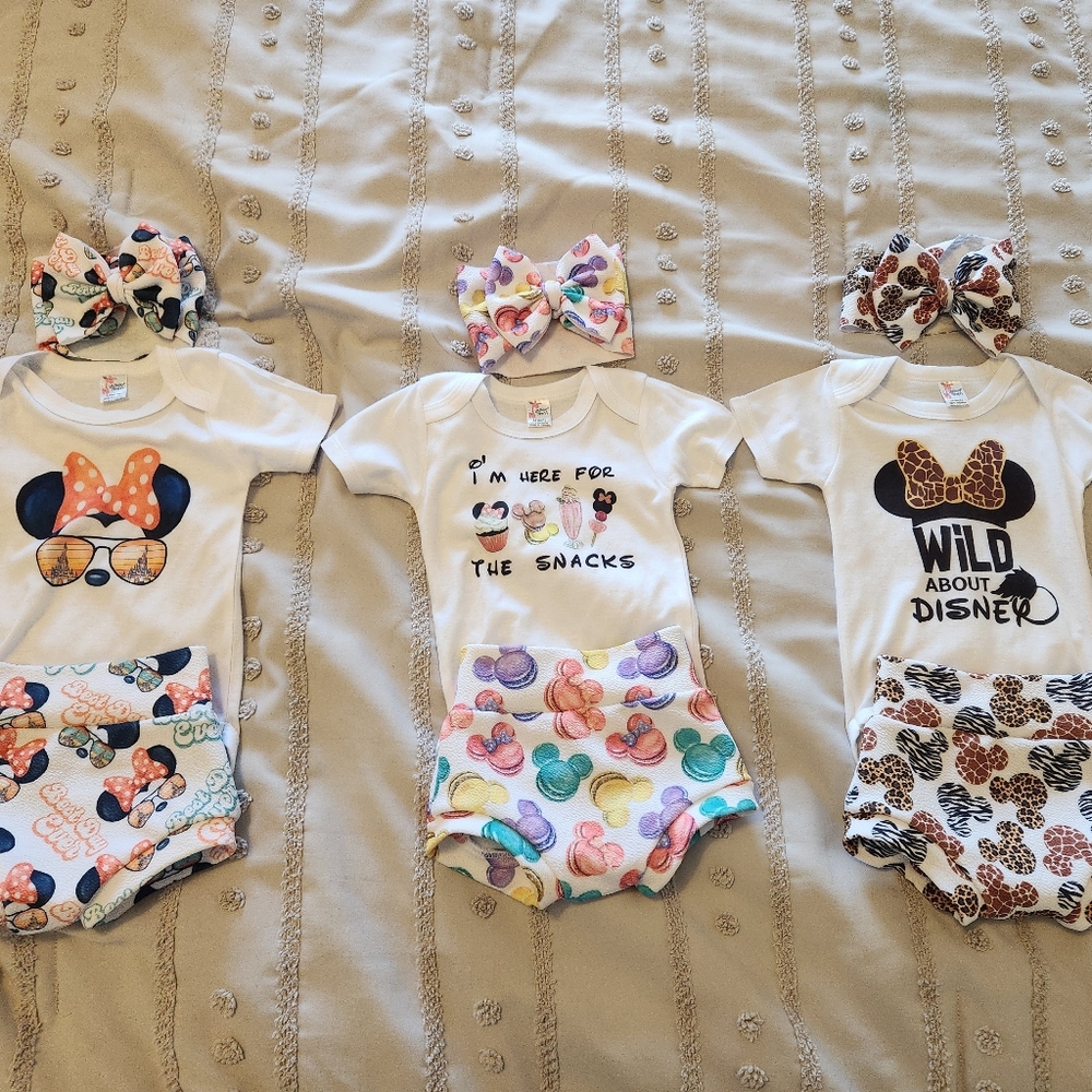 Three Disney Baby Bodysuits with Colorful Headbands
